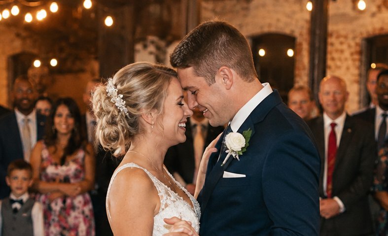 Bride and groom sharing their first dance at a wedding reception